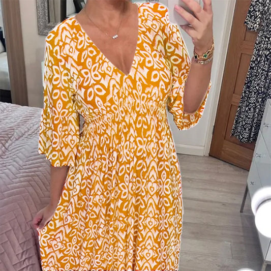 New Plus Size Super Fairy V-neck Floral Dress For Beach Vacation, Loose Long Skirt