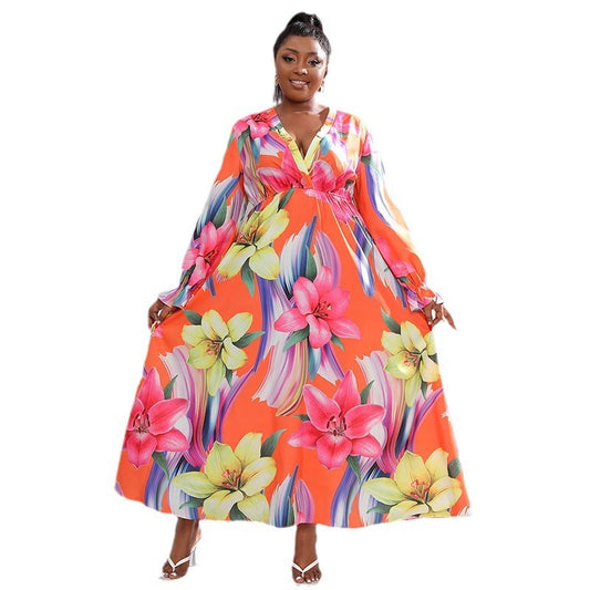 Plus Size Long Sleeve Digital Printing Dress