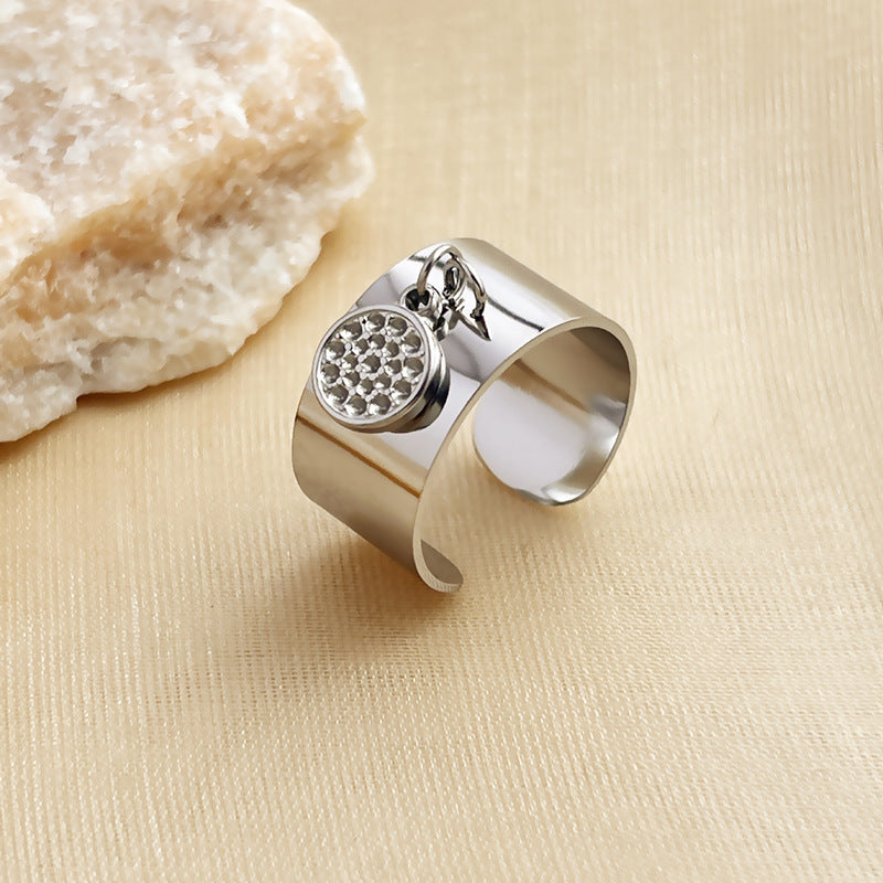 French Ins Style 18K Stainless Steel Round Pendant Ring