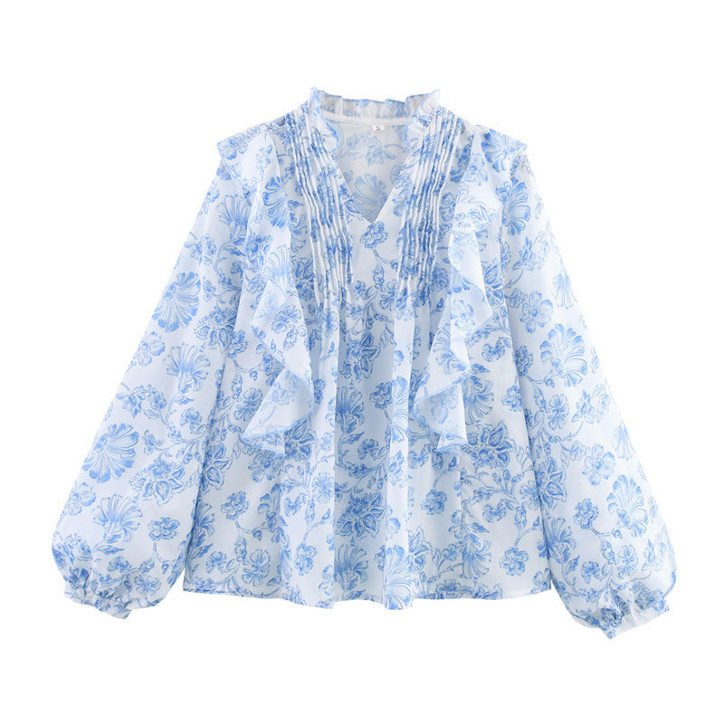 Floral Ruffled And Laminated Decoration Printed Shirt